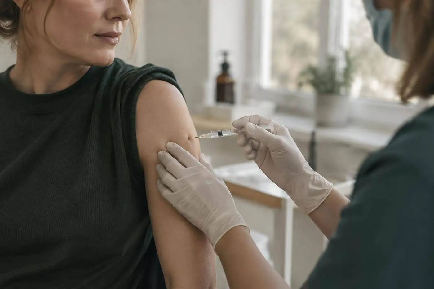 Sjuksköterska vaccinerar i överarmen